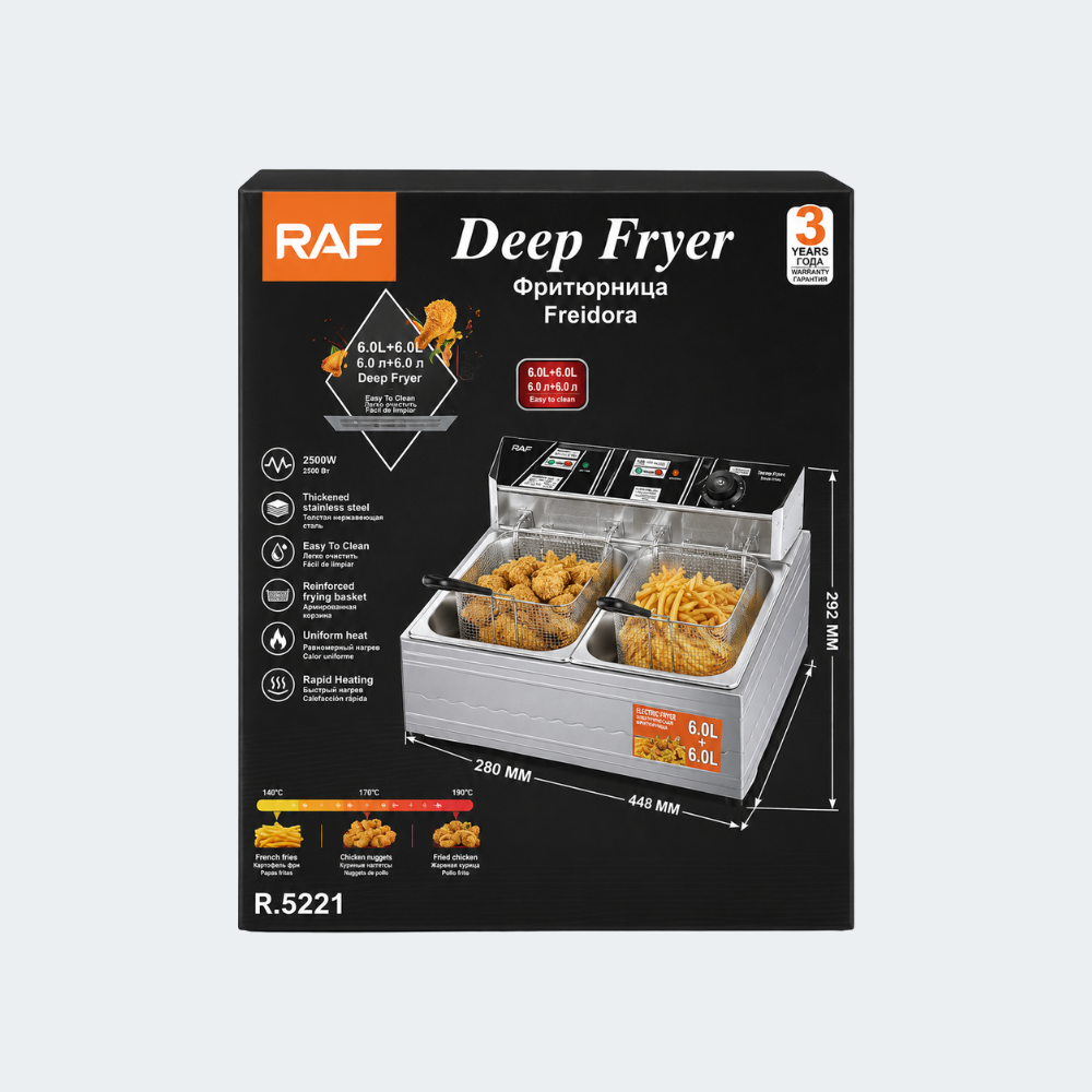 Freidora Eléctrica Doble RAF 12 Litros (2 x 6L) 5000W Acero Inoxidable