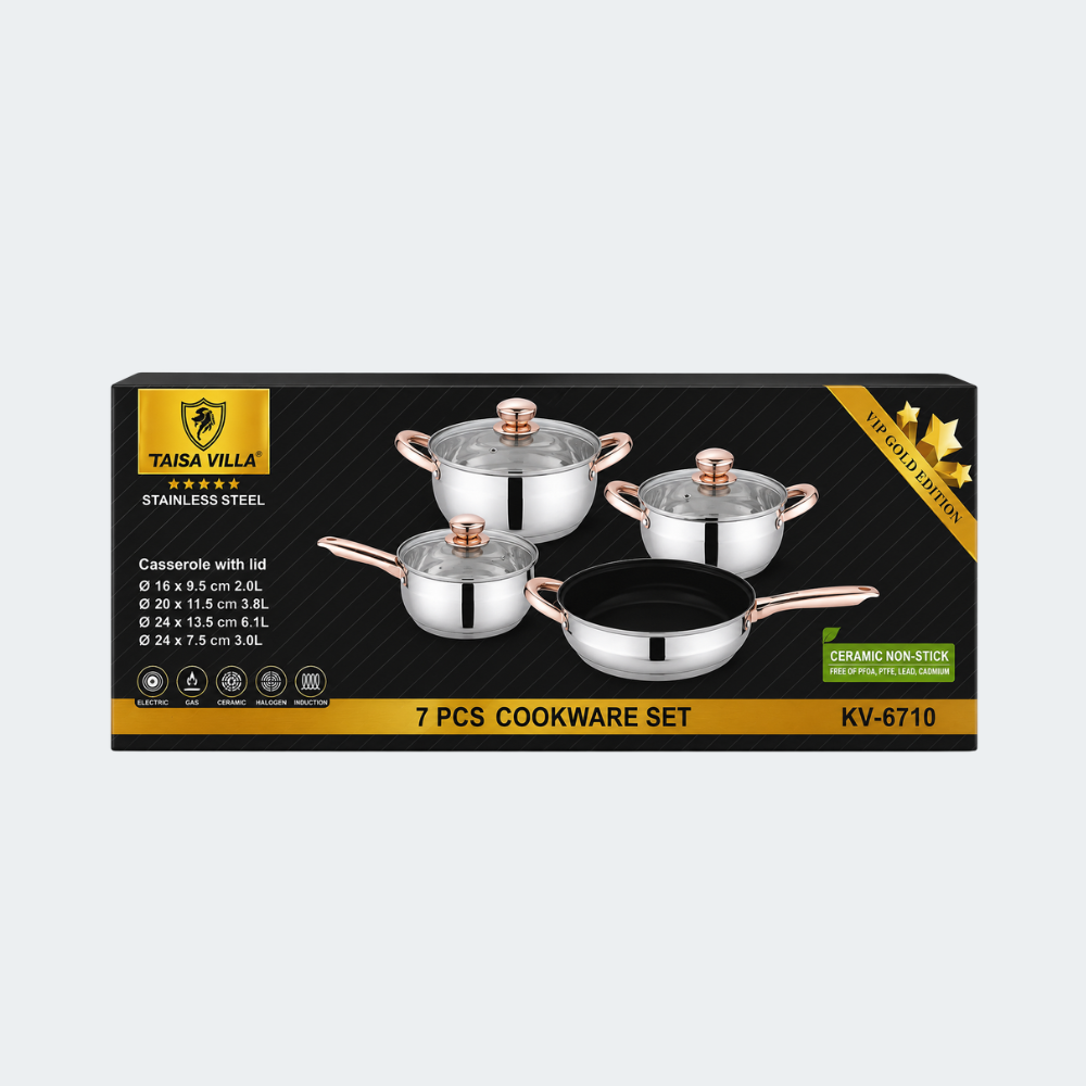 Juego de Ollas Kaisa Villa 7 Piezas de Acero Inoxidable con Tapa de Vidrio